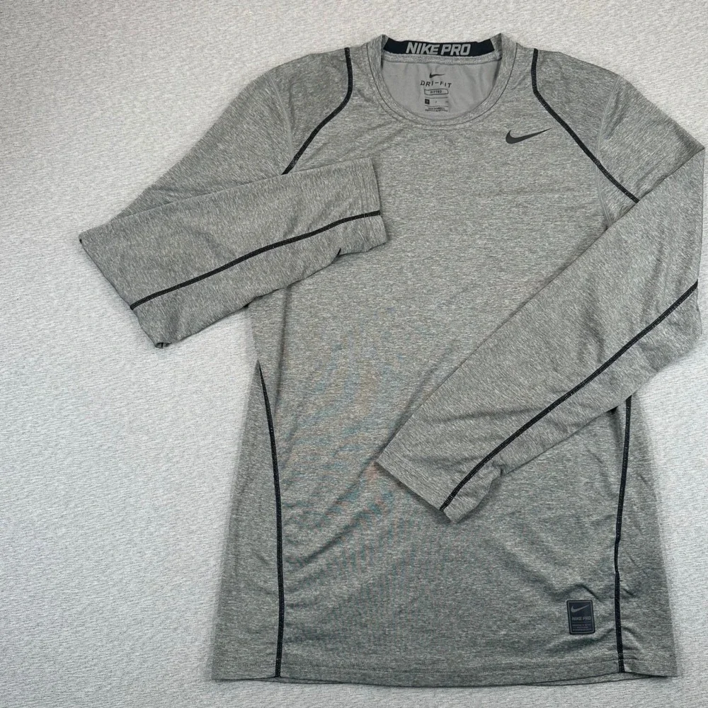 Nike Pro Shirt Mens Small Grey Heather Long Sleeve Fitted Training Dri-FIT